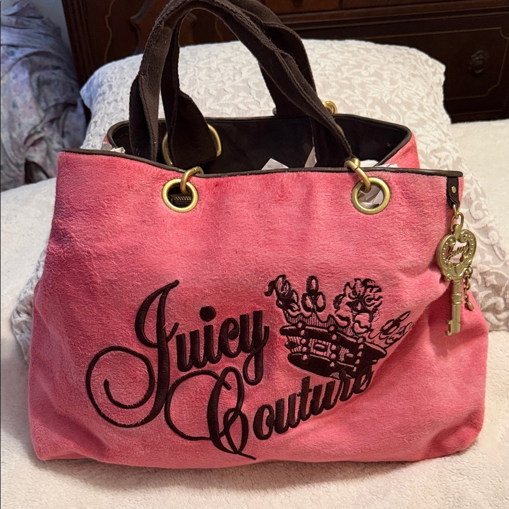 Vintage Y2K Juicy Couture Pink Canvas Tote with Gold Key Charm